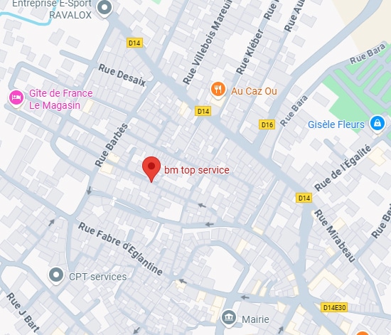 Localisation 'bm top service' sur carte routière de ville. Proche: Rue Barbès, Rue Fabre d'Eglantine, Rue Desaix, Au Caz Ou, Gisèle Fleurs.