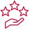 Main stylisée présentant trois étoiles, symbole d'excellence, qualité supérieure et satisfaction client garantie.